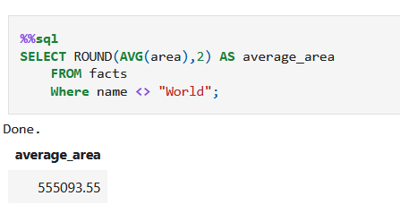 SQL query showing average country area